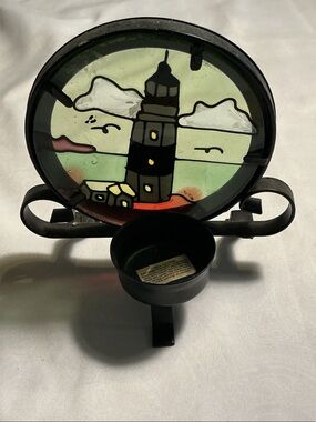 Stained Glass Lighthouse Tea Light Candle Holder - Green Accent
